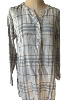 J. Jill Gray and Cream Plaid Henley Tunic. Cotton blend light weight flannel.